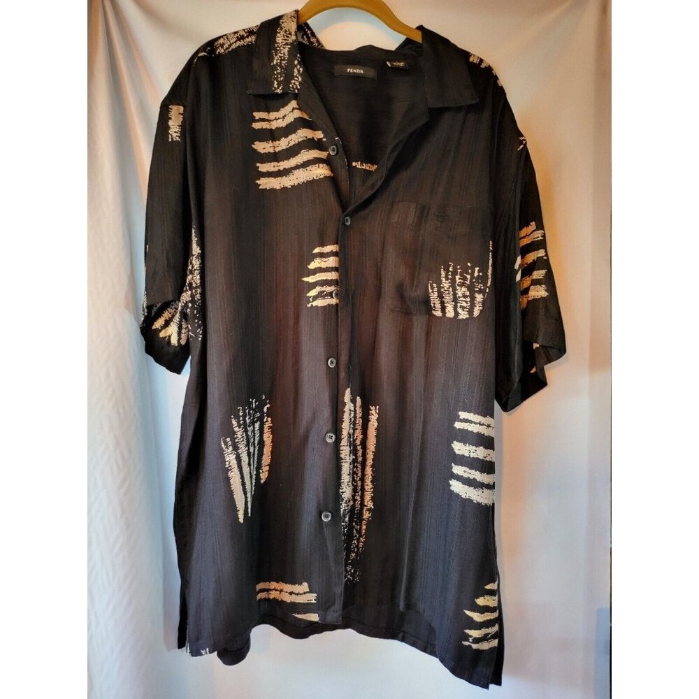 Fenzia Mens Casual Short Sleeve Shirt Black Hawaiian Sz Large Tan Graphics